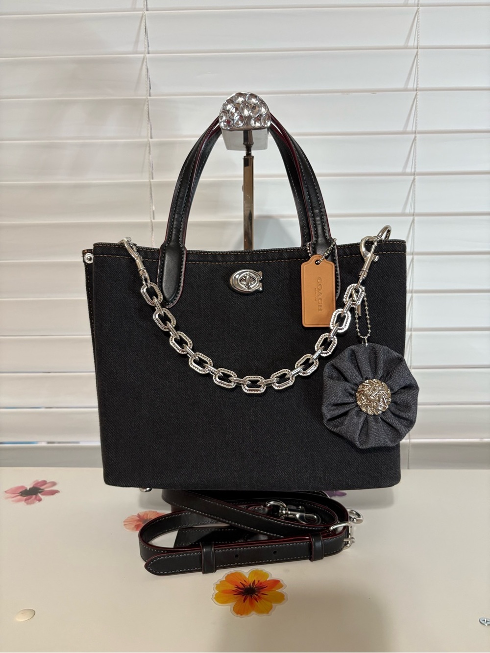COACH Willow Tote 24 in Black Denim Leather